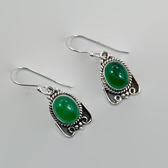 Green Onyx Earrings, Sterling Silver, Pierced, Dangles, Green Stone, Artisan - Picture 1 of 4
